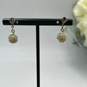 Vintage Antique 14 K Yellow Gold Carved Acrylic Resin Rose Dangle Drop Earrings